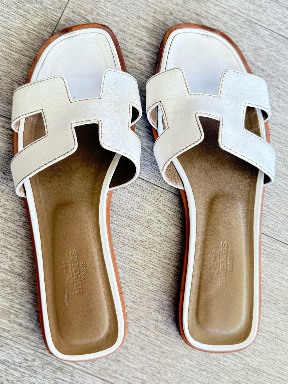 Authentic Hermès Oran Sandals White Box Calfskin Slides Size 36.5